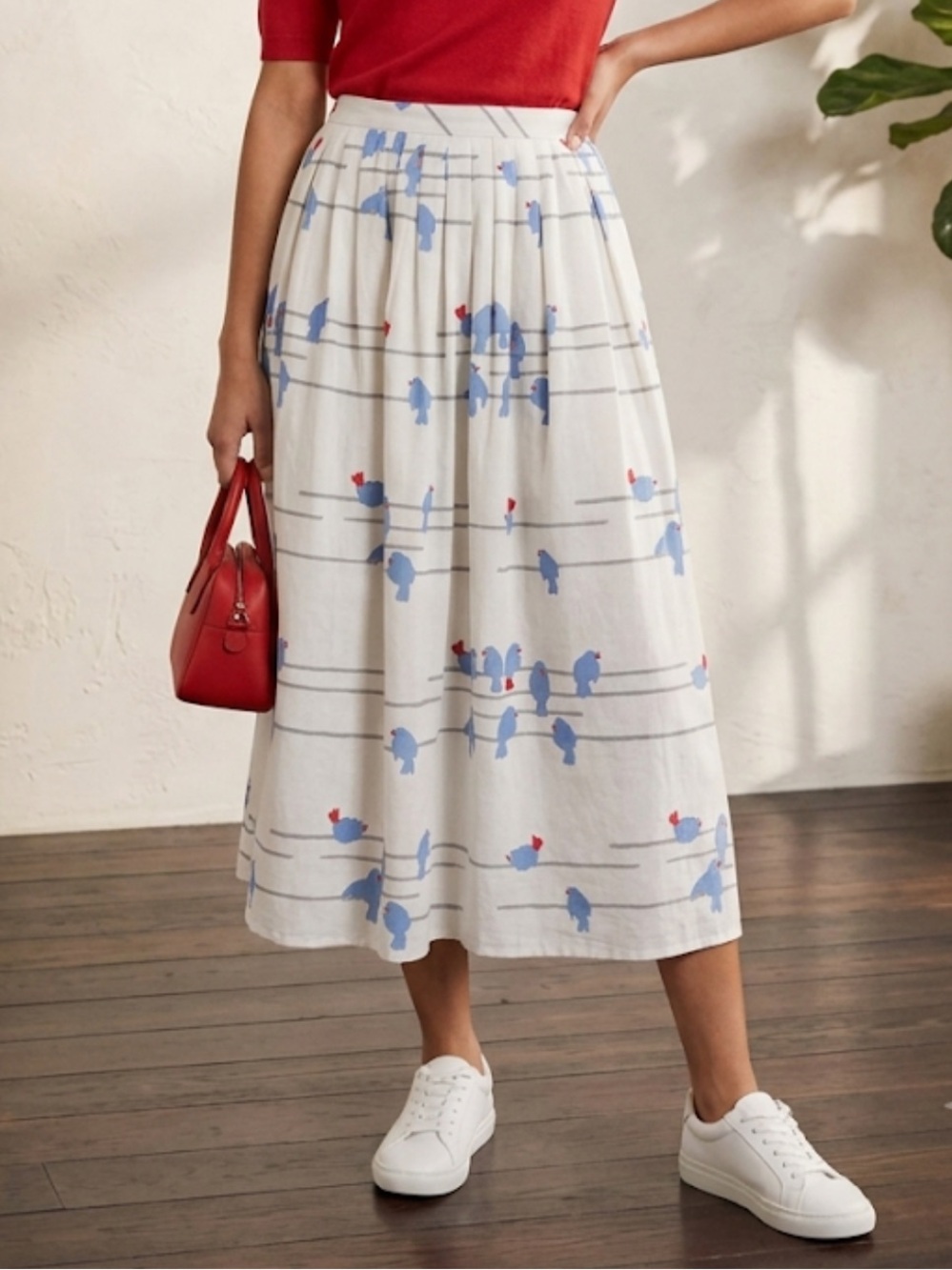 Hammer Y2K White Midi Boho Skirt with Blue & Red Bird Print pockets